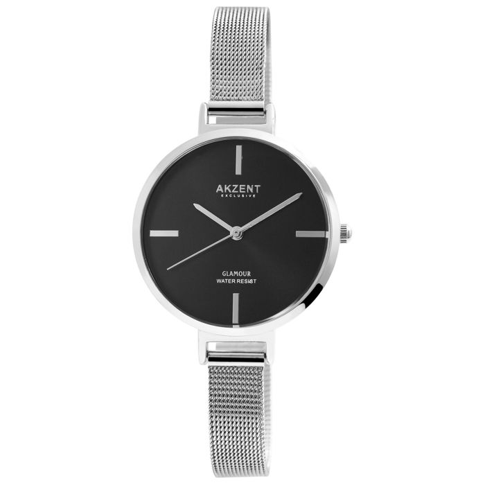 Montre - Akzent Exclusive - Argenté - Cadran noir - Bracelet mesh inox 36 mm