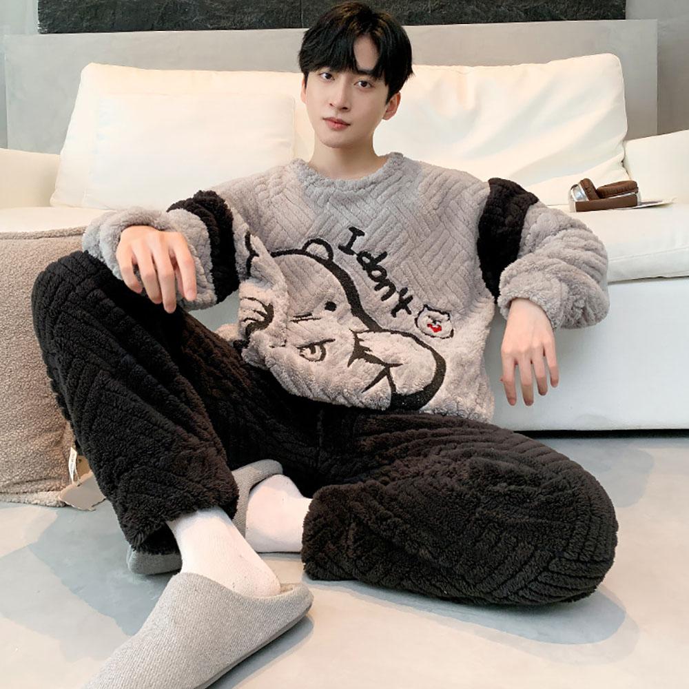 Мужской зимний пижамный комплект из утепленной фланели, теплая плюшевая пижама с рисунком медведя из мультфильма, удобная пижама с круглым вырезом для сна