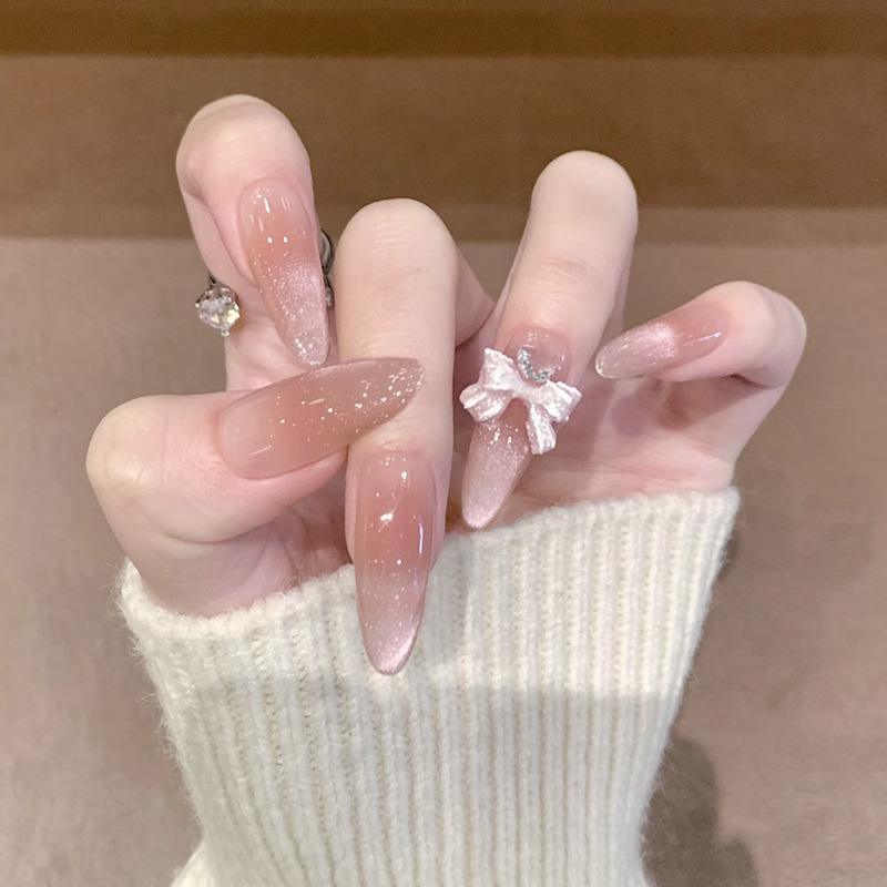 24Pcs Shiny Cat's Eye Pink Full Cover Nail Tips Art Finished Finger False Nails with Diamond Wearable Almond Press on Fake Nails