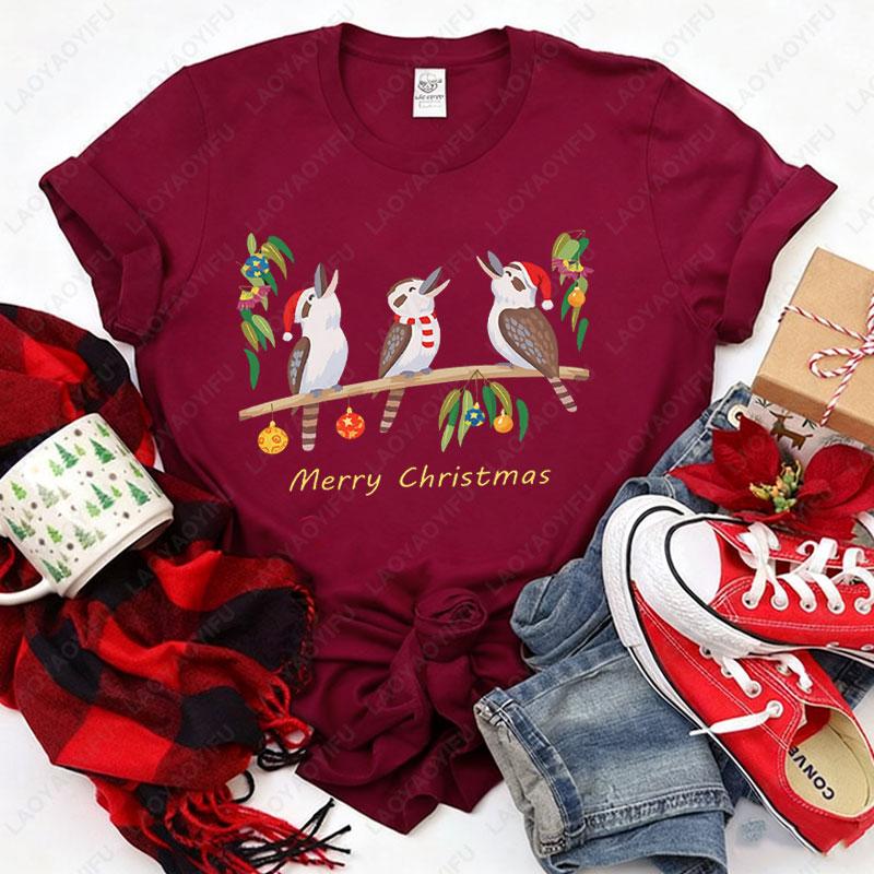 Womens Australian Kookaburra Bird Print TShirt Merry Christmas Australian Theme Tops Casual Blouse for Christmas Party Outfits