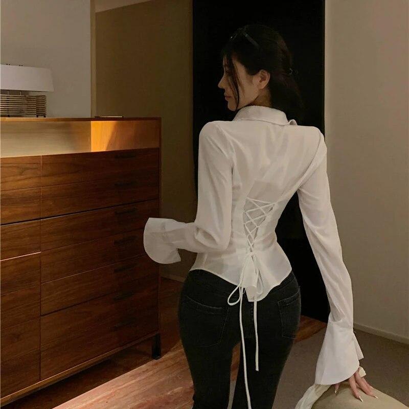 Gidyq модные женские бандажные рубашки корейская универсальная уличная одежда женская тонкая блузка весенняя повседневная белая рубашка с рукавами-колокольчиками новая