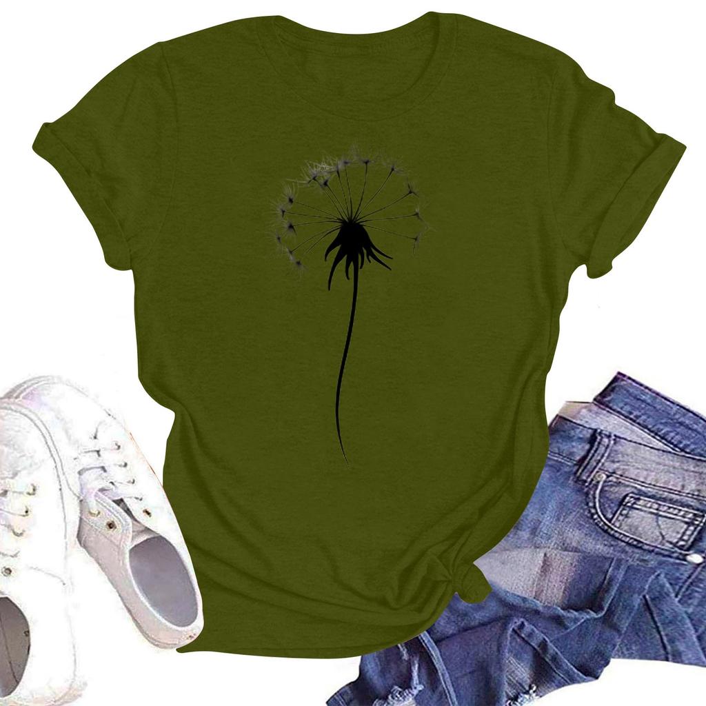 Women's Casual Loose Printed T-shirt Round Neck Pullover Short Sleeved Top