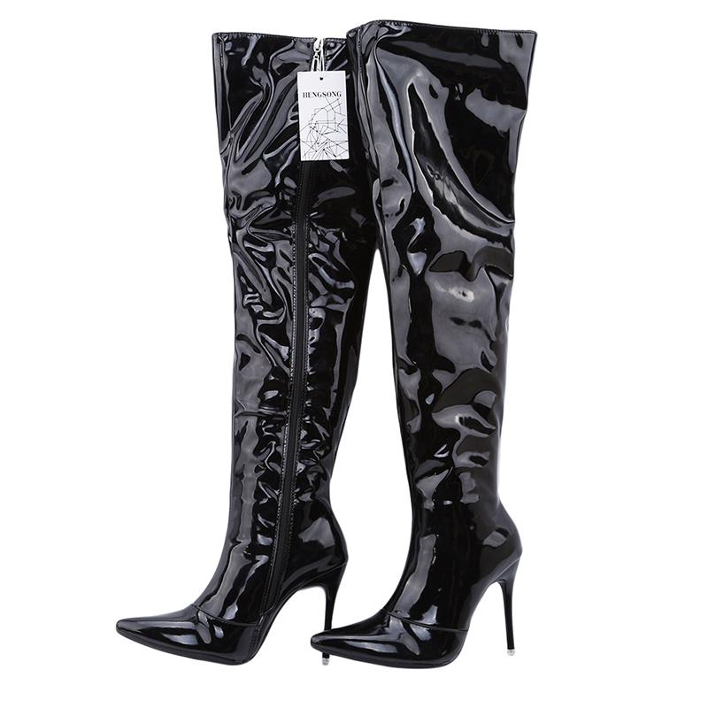 Women Fashion Faux Leather Thigh High Boots Nightclub Style Sexy Anti-Slip Prom Shoes Pointed Toe Long Boots