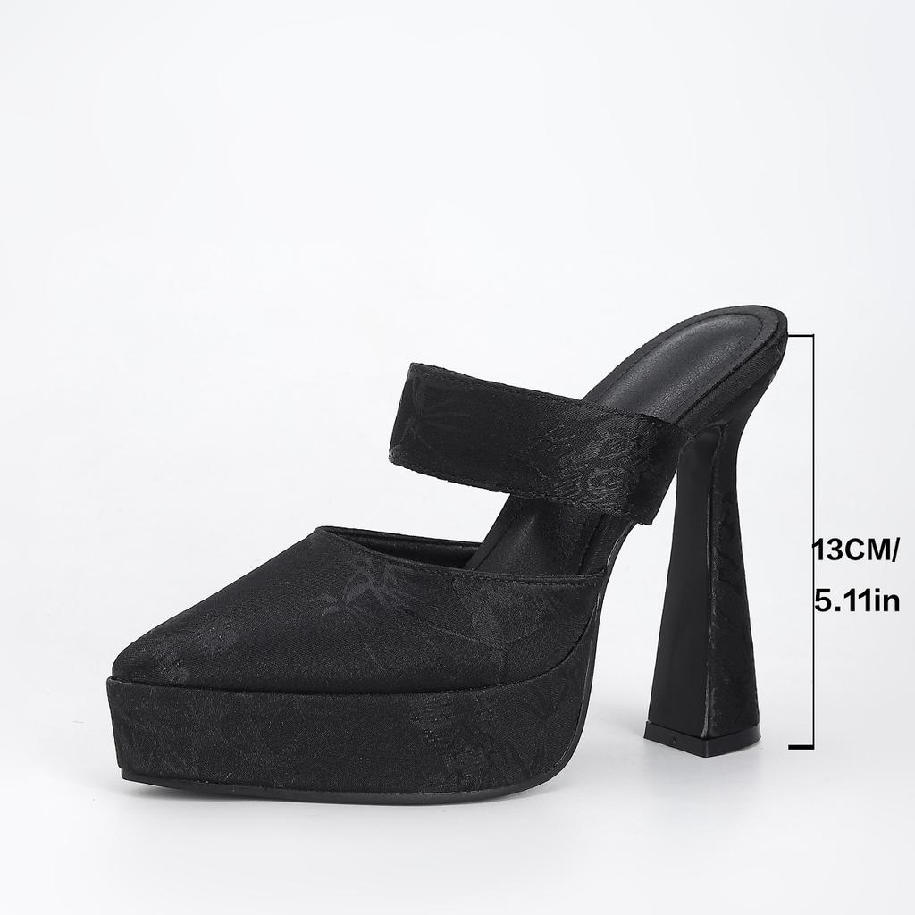 Черное атласное ципао средней длины с принтом, водонепроницаемая настольная лампа с заостренным абажуром, толстый каблук, супервысокий каблук, летние женские шлепанцы