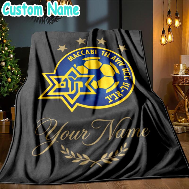 Custom Name Maccabi Football Crest Throw Blanket - Perfect for Couch, Bed, Office, and outdoor Travel - Ideal Gift for Christmas & Holidays