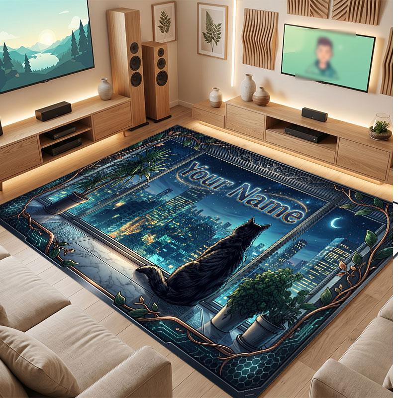 Cat Theme Crystal Velvet Floor Rug Personalized Custom Name Text Warm Carpet Home Decoration