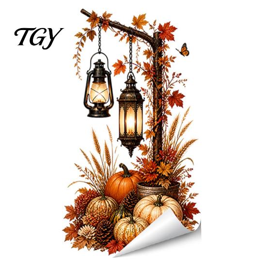 Holiday Glass Door Decals Autumn Pumpkin Street Lamp & Maple Leaves Wall Sticker, Waterproof PVC Fall Harvest Party Decorations Decal, Decorative Peel