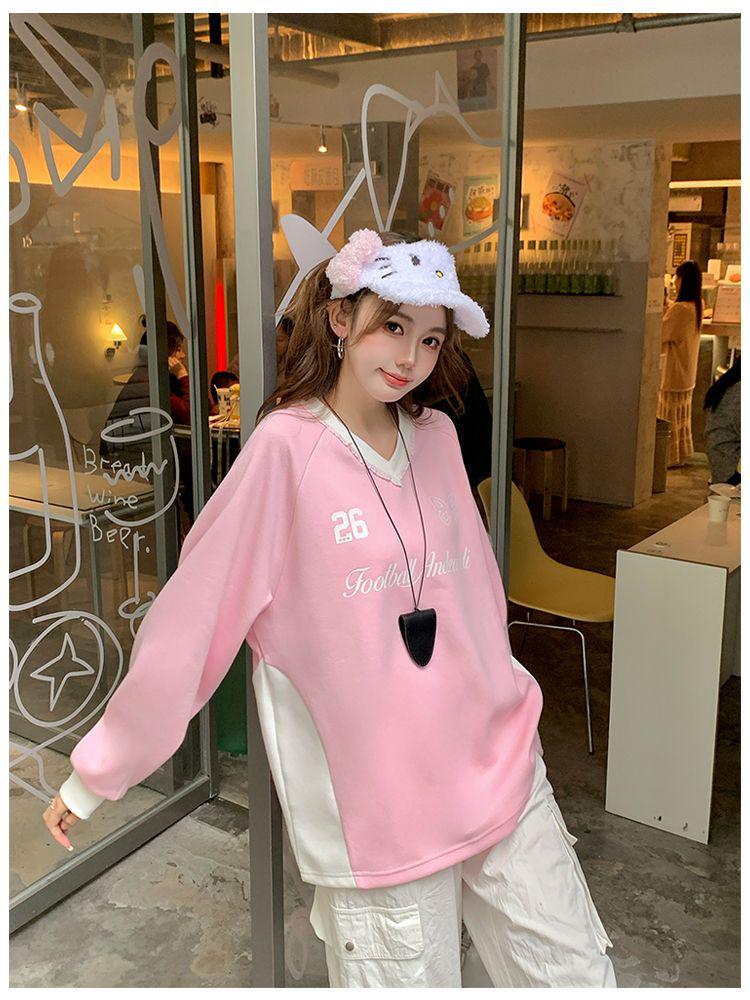 Women's Cotton Lace Trim Color Block V-Neck Sweatshirt – American College Style