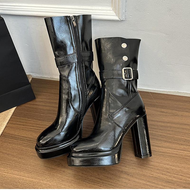Женские ботильоны на высоком каблуке из лакированной кожи, модные ботинки с ремешком и пряжкой, осенне-зимние женские современные короткие ботильоны