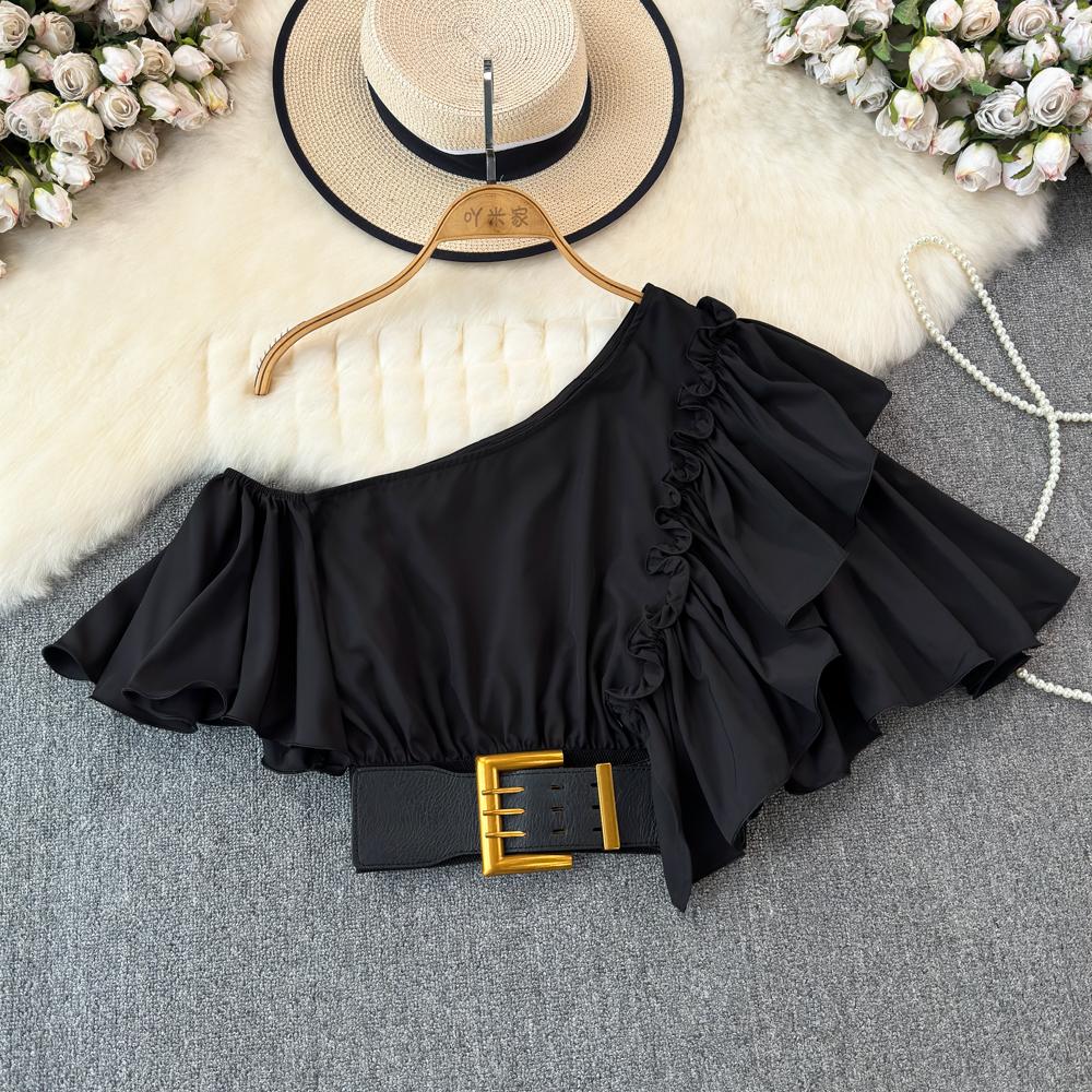 Шикарная блузка Blusas De Mujer с косым воротником и воланами, нерегулярная блузка Ins для женщин, однотонная, со складками на поясе, Camisas, летняя дропшиппинг