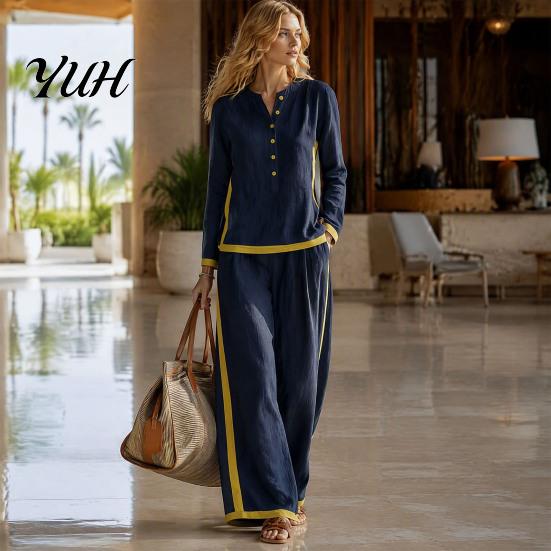 Women Two Piece Outfits Matching Set, V-Neck Button-Up Sweatshirt, High Waisted Vacation Wide Leg Pants, Contrast Color Lounge Set for Daily Wear Sets