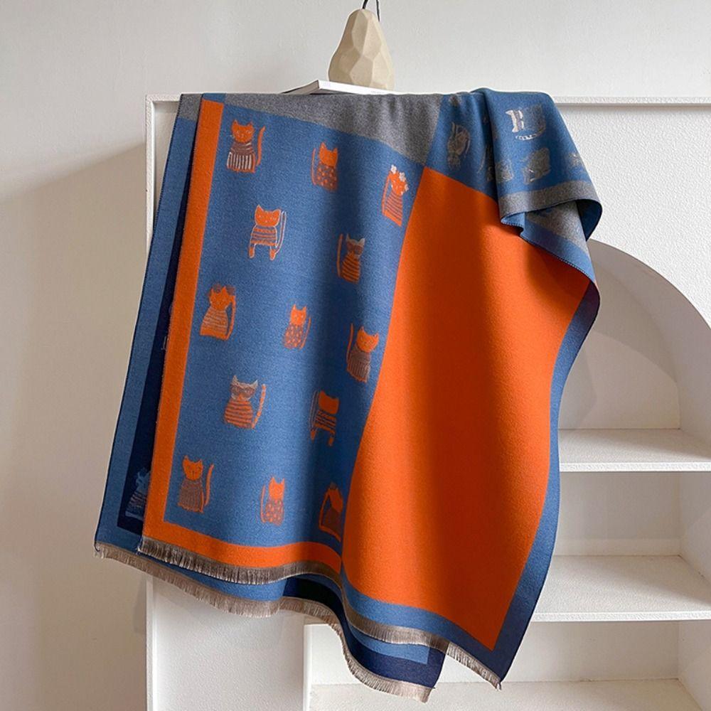 Thickened Cat Knitted Scarf Korean Style Cashmere Shawl Trendy Kitty Jacquard Weave Scarf  Unisex