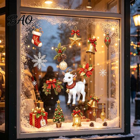 Removable Glass Stickers Christmas Lamb Static Stickers, Reusable PVC Window Cling, Holiday Decorations Decals with Bells Snowflakes Tree And