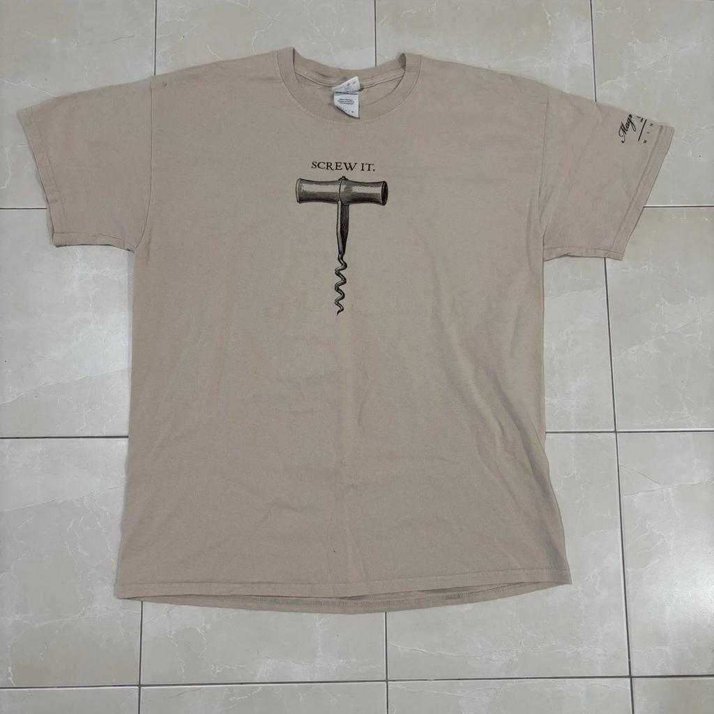 Vintage ‘Screw It’ Funny T Shirt Wine Drinking Party Frat Comedy Men’s L Tan Y2K