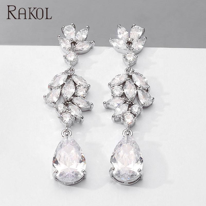 RAKOL EP5116 New Arrival Silver Plated Earrings Waterdrop Copper with Zircon Earrings for Women Flower Clear Water Drop Ear
