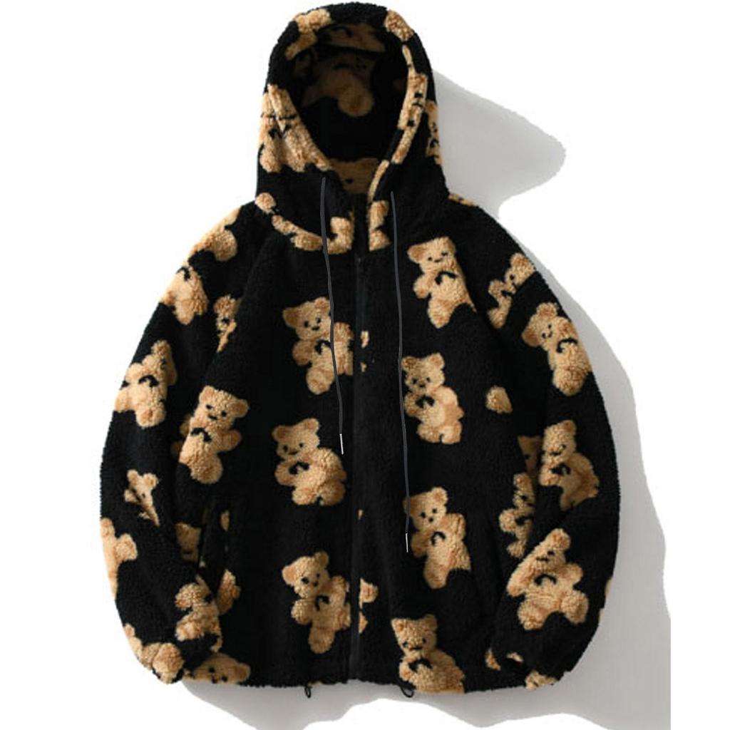 Autumn Winter Women's Hooded Plush Bear Printed Cartoon Sweater Women's Winter Warm Jacket Fleece Jacket