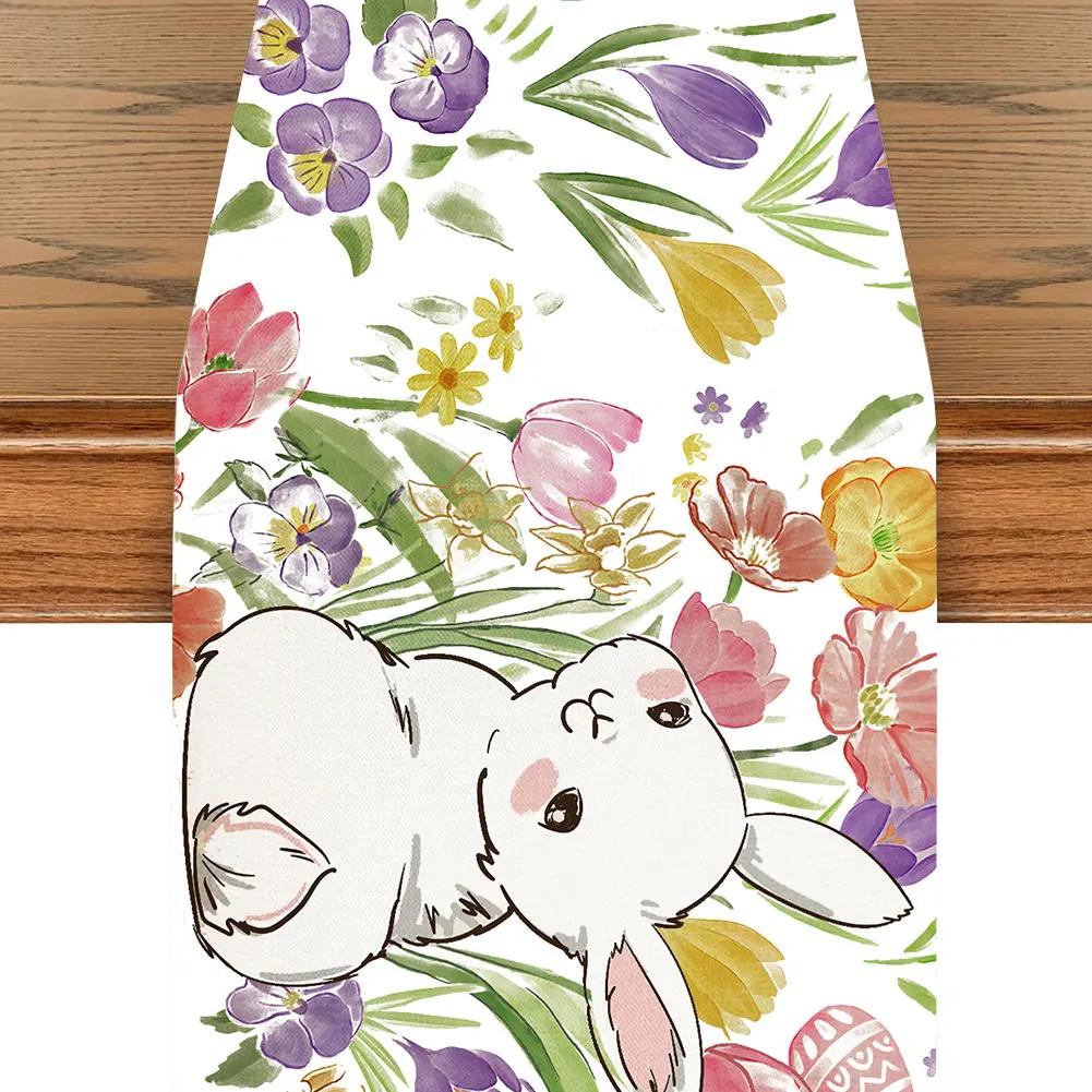 Easter Bunny Linen Table Runner Holiday Party Spring Table Runners Easter Bunny Spring Linen Table Runner Table Flag EasterDecor