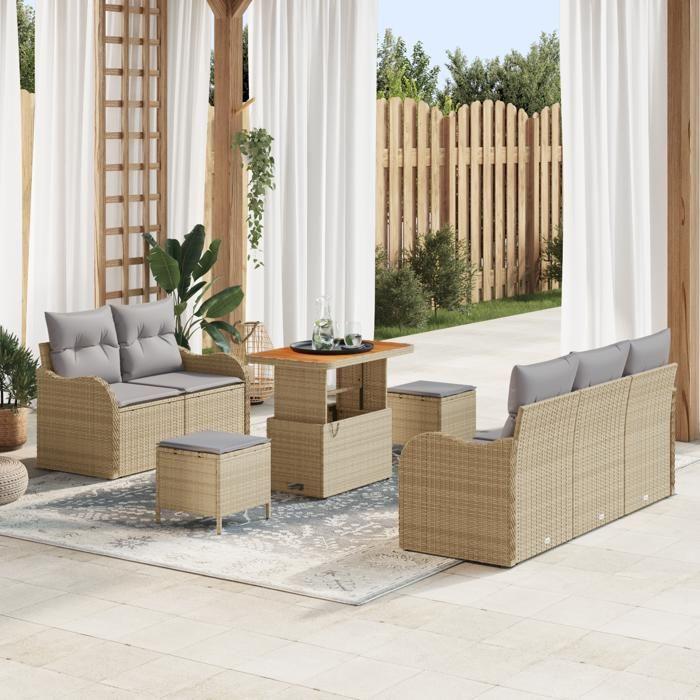 Ensemble de Sofa de Jardin 8 Pièces avec Coussins Beige Poly Rotin Acacia, Sofa de Jardin 2 Places avec Coussins Beige Poly 3362212