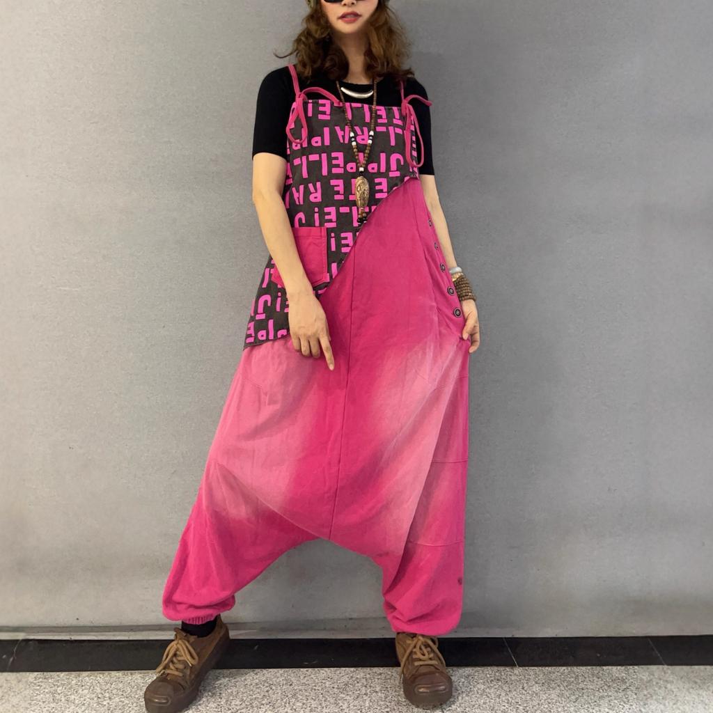 Retro personality old letter splicing overalls women's summer new large size fat sister jumpsuit tide
