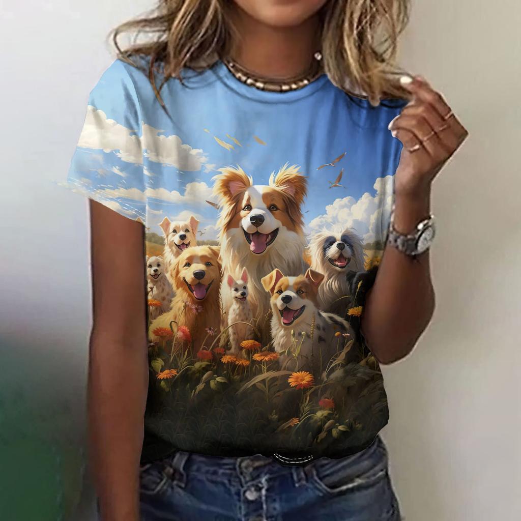 Fun Animal Pattern Women's T-shirt Cat Print Casual Short Sleeved Top