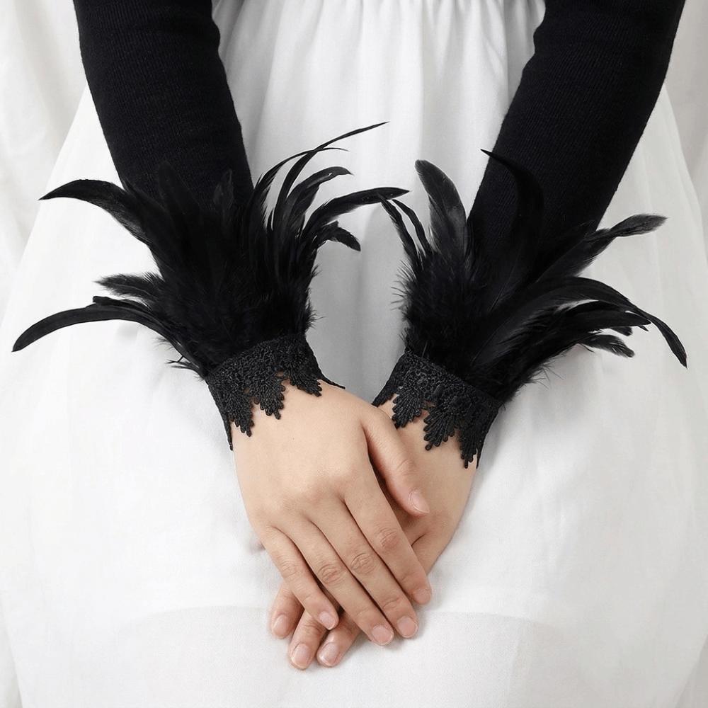 Black Lace Fluffy Feather Wrist Cuffs Lightweight Plume Bracelet Halloween Arm Cuff Gloves Cosplay