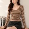Футболка в полоску в стиле ретро, женская, с длинным рукавом, осенняя, новая, с U-образным вырезом, Spice, облегающая, базовая