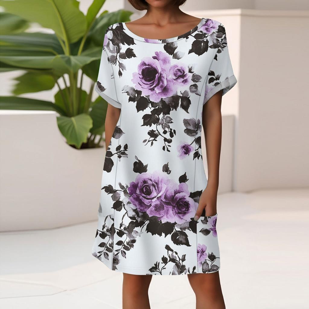 Women's Fashion Short Sleeve Dress With Pockets Floral Print Casual Beach Dress