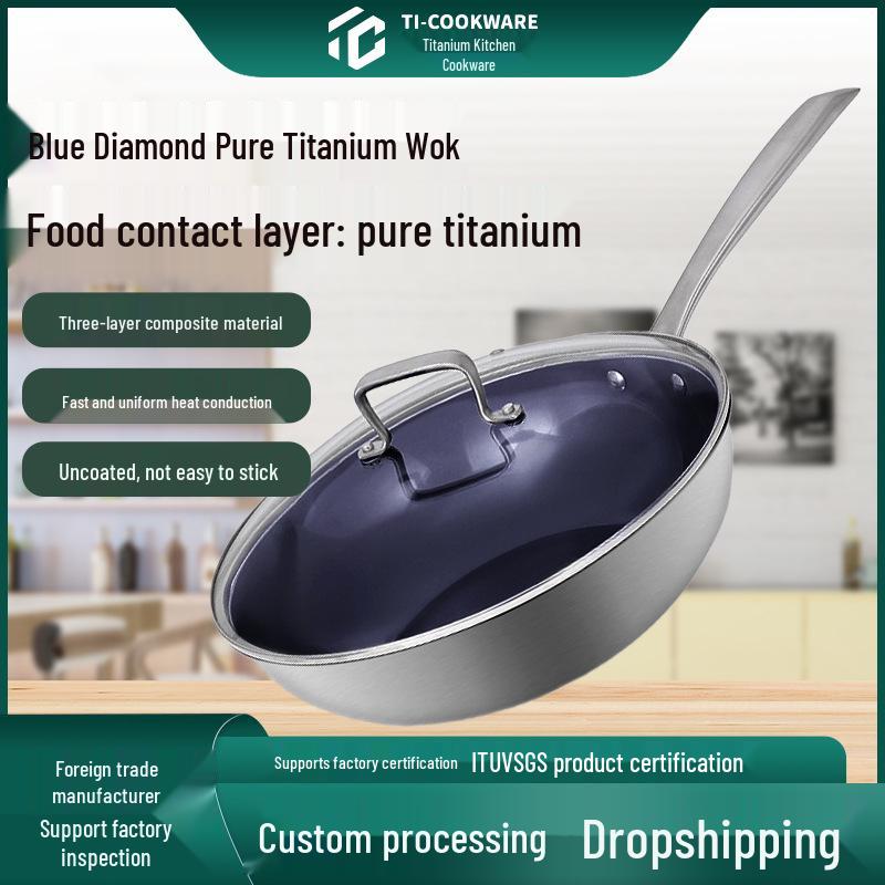 Вок из чистого титана без покрытия, с антипригарным покрытием Blue Diamond, позволяющий готовить без масла, подходит для индукционных и газовых плит.