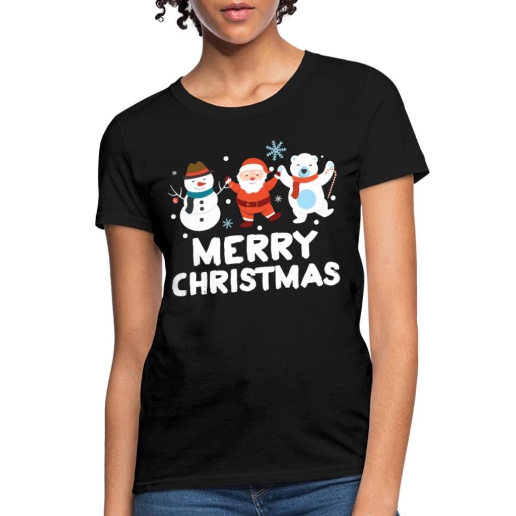 Merry Christmas Cute Snowman And Santa Claus Women's T-Shirt