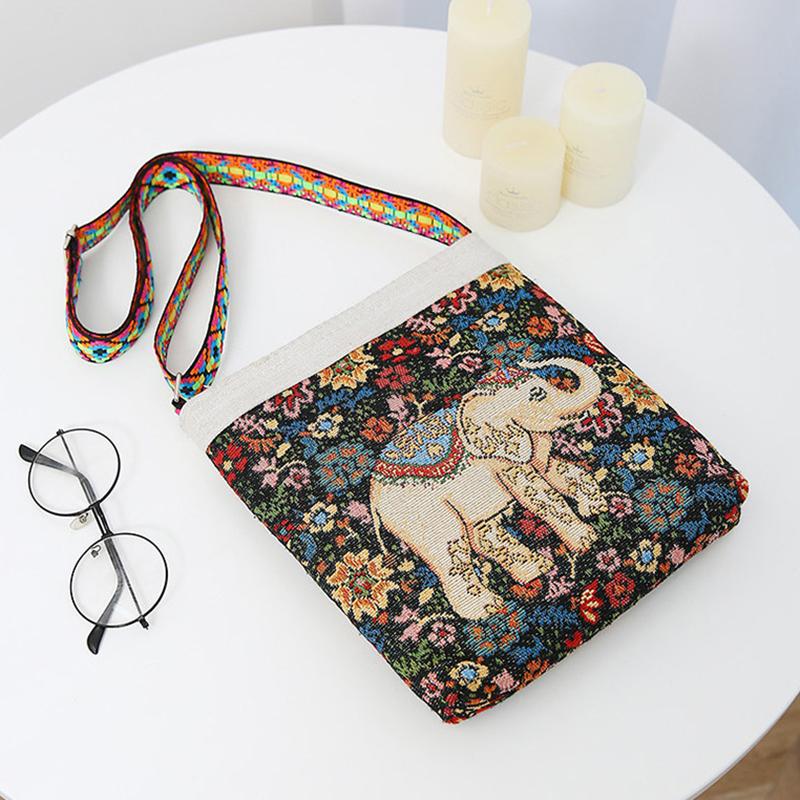 Yogodlns Холщовая сумка кроссбоди в этническом стиле с вышивкой слона для женщин и девушек