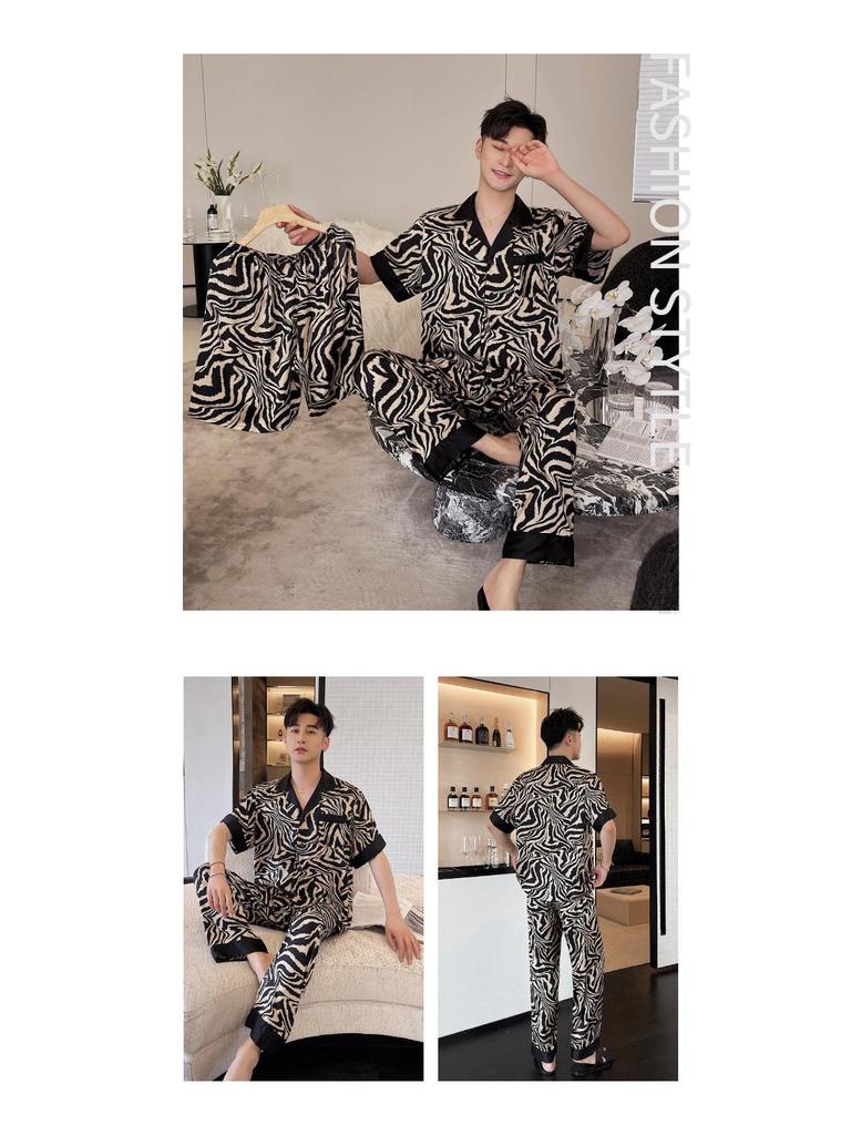 Ice Silk Couple Pajamas: Summer Silk Three-Piece Set with Short Sleeve, Shorts, and Long Pants In Elegant Horse Pattern for Homewear.