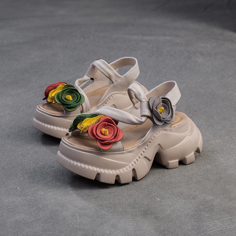 Johnature Retro Flower Peep Toe Platform Sandals Breathable Genuine Leather Versatile Women's Shoes