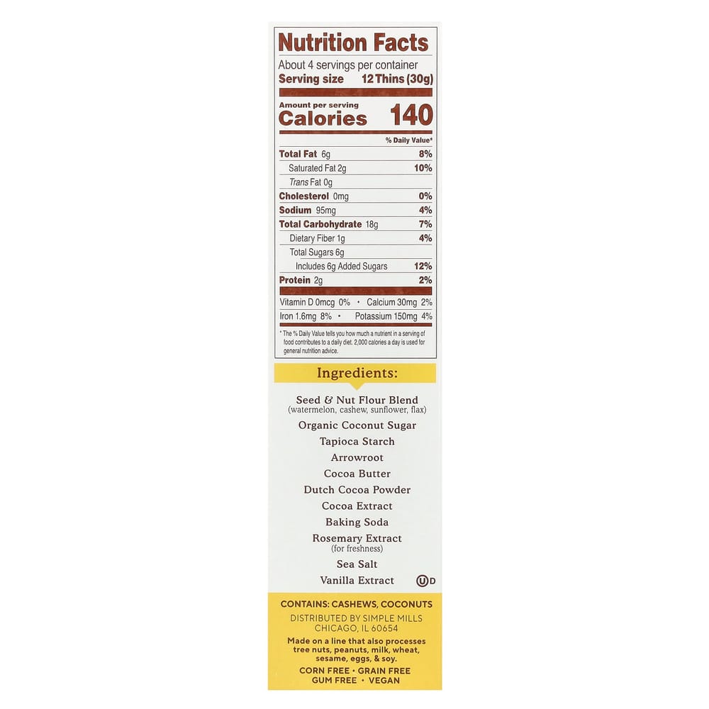Simple Mills Seed & Nut Flour Sweet Thins Chocolate Brownie 120g (4.25oz)