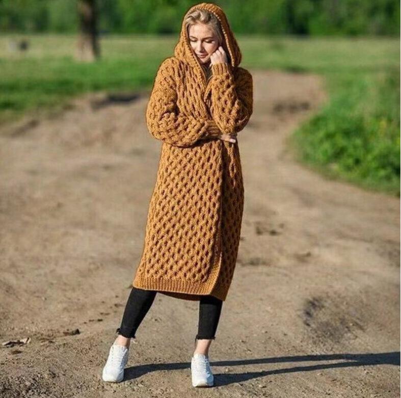 Женский осенне-зимний теплый однотонный кардиган с длинным капюшоном и курткой-свитером