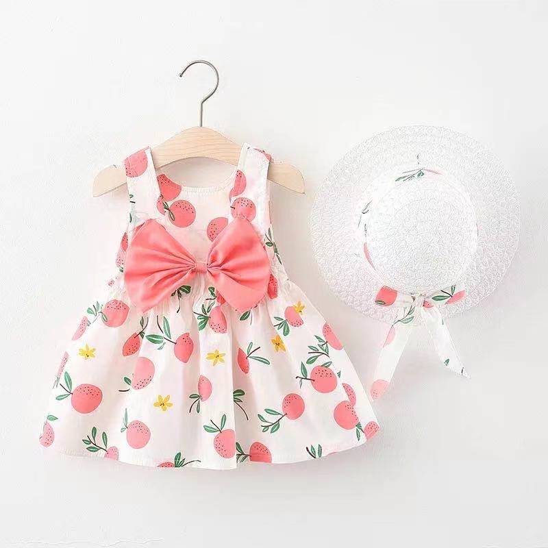 Children's Strawberry Print Dress Girl's Dress with Hat