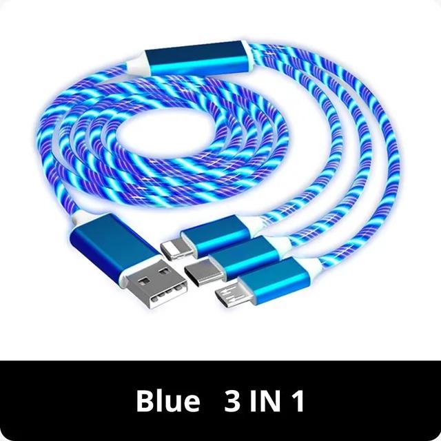 3 в 1 3A светящийся светодиодный светильник для быстрой зарядки, кабель Micro USB Type C для iPhone, Samsung, Xiaomi, Redmi, зарядное устройство для телефона, USB-кабель