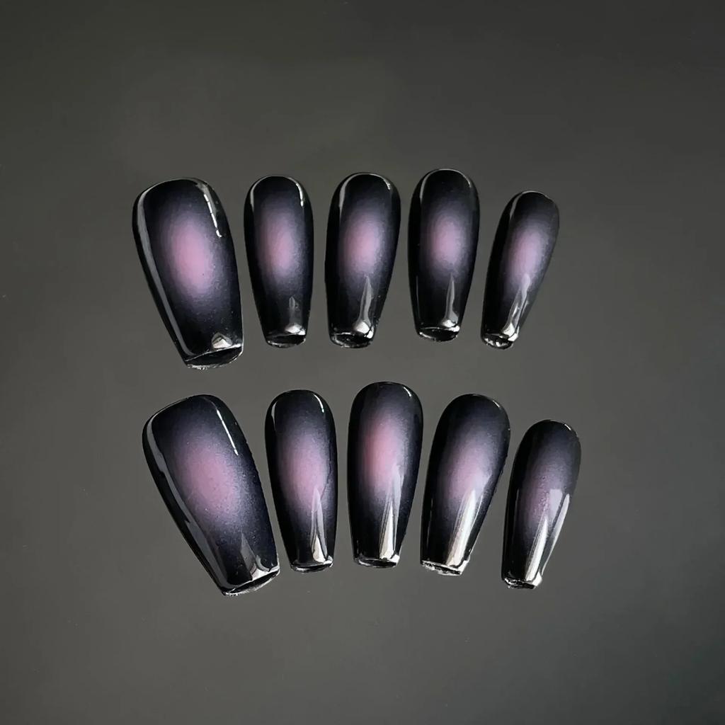 10pcs Y2K Black Pink Grid Press On Nails 3D Star Heart Halo Dyeing Coffin Shape Long Fake Nail Tips