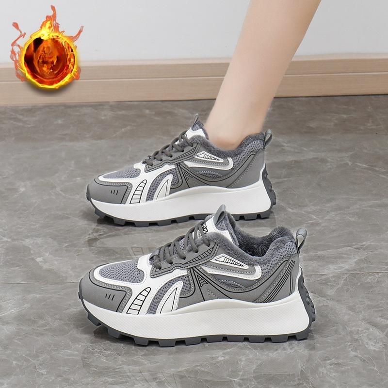 Женские зимние теплые кроссовки на платформе, повседневные удобные нескользящие кроссовки для бега, прогулочные туфли на шнуровке с подкладкой из искусственного меха, теннисные кроссовки для женщин