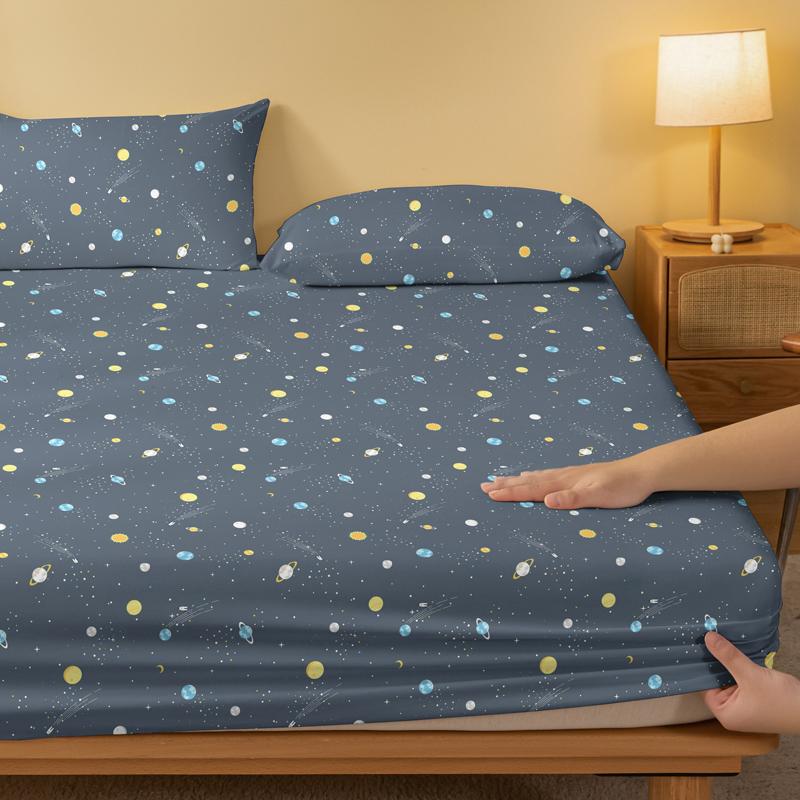 1 Simple Modern Outer Space Printed Matte Fitted Sheet, Bedroom Printed Bed Cover, Bedding (Excluding Pillowcases)
