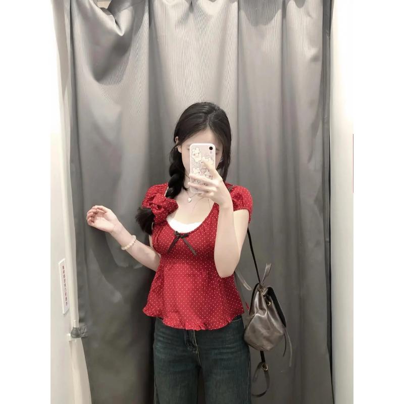 Korean Series Pure Desire BM Red Polka Dot Short sleeve T-shirt Women Summer Bow Small Man Pleat Puff sleeve Top Tide