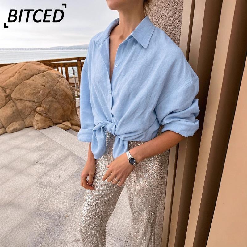 BITCED Женская мода Повседневные однотонные блузки и рубашки с принтом, с длинным рукавом, с воротником поло