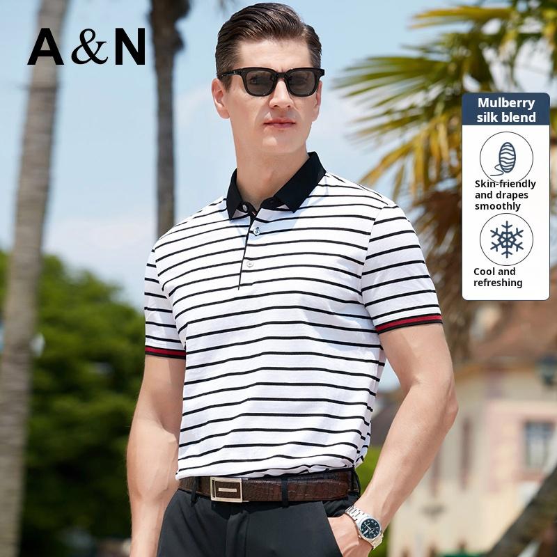 [11% Mulberry Silk] Black and white striped contrasting business casual lapel short sleeved T-shirt polo shirt for men