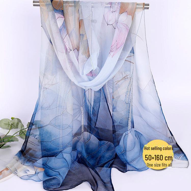 Lotus Georgette Silk Scarf: Medium-Length Printed Summer Shawl for Sun Protection and Dance, All-Match Mother Style.