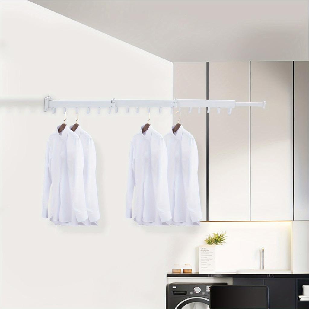 Tri-Fold Space Aluminum Wall-Mounted Drying Rack – 110 lbs Load Capacity with 18 Hooks & Telescopic Hidden Rod – White