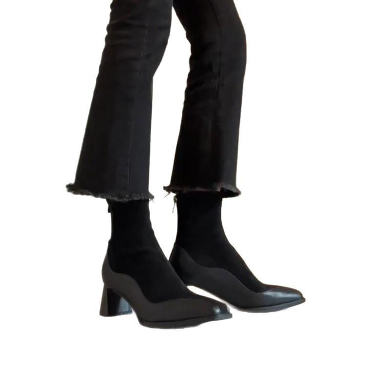 Версия из коровьей кожи~ Эластичные тонкие ботильоны из французской кожи женские ретро с квадратным носком в стиле пэчворк ботинки-носки на высоком каблуке темпераментные короткие ботильоны