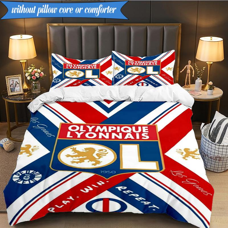 3PCS Lyon Football Crest Design Printed Soft Bedding Set,Including 1pc Duvet Cover And 2pcs Pillowcases Perfect for Bedroom, Dormitory, Fan gift
