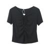 Large size niche design drawstring T-shirt women's summer new thin V-neck pullover top 232104