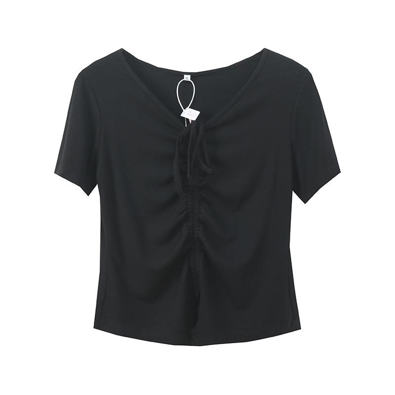 Large size niche design drawstring T-shirt women's summer new thin V-neck pullover top 232104