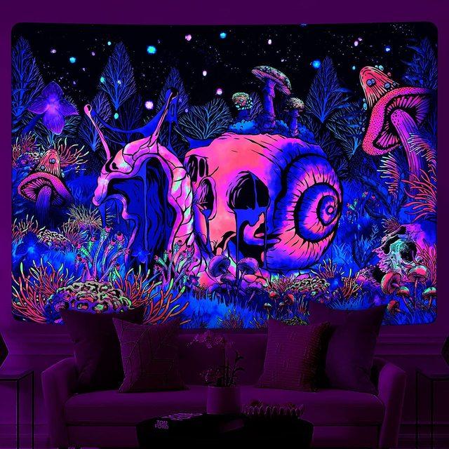 Гобелен Blacklight Galaxy Moon Trippy Plant с цветочным принтом, УФ-реактивный неоновый горный лес, психоделический настенный гобелен для декора комнаты