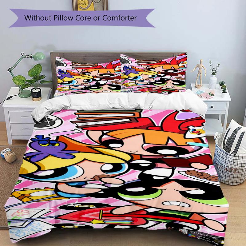 Powerpuff Girls Adventure Print 3Pcs Bedding Setduvet Cover With 2 Bedropillowcase Home Birthday Gift